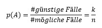 p(A)=(#günstige Fälle)/(#mögliche Fälle)=k/n